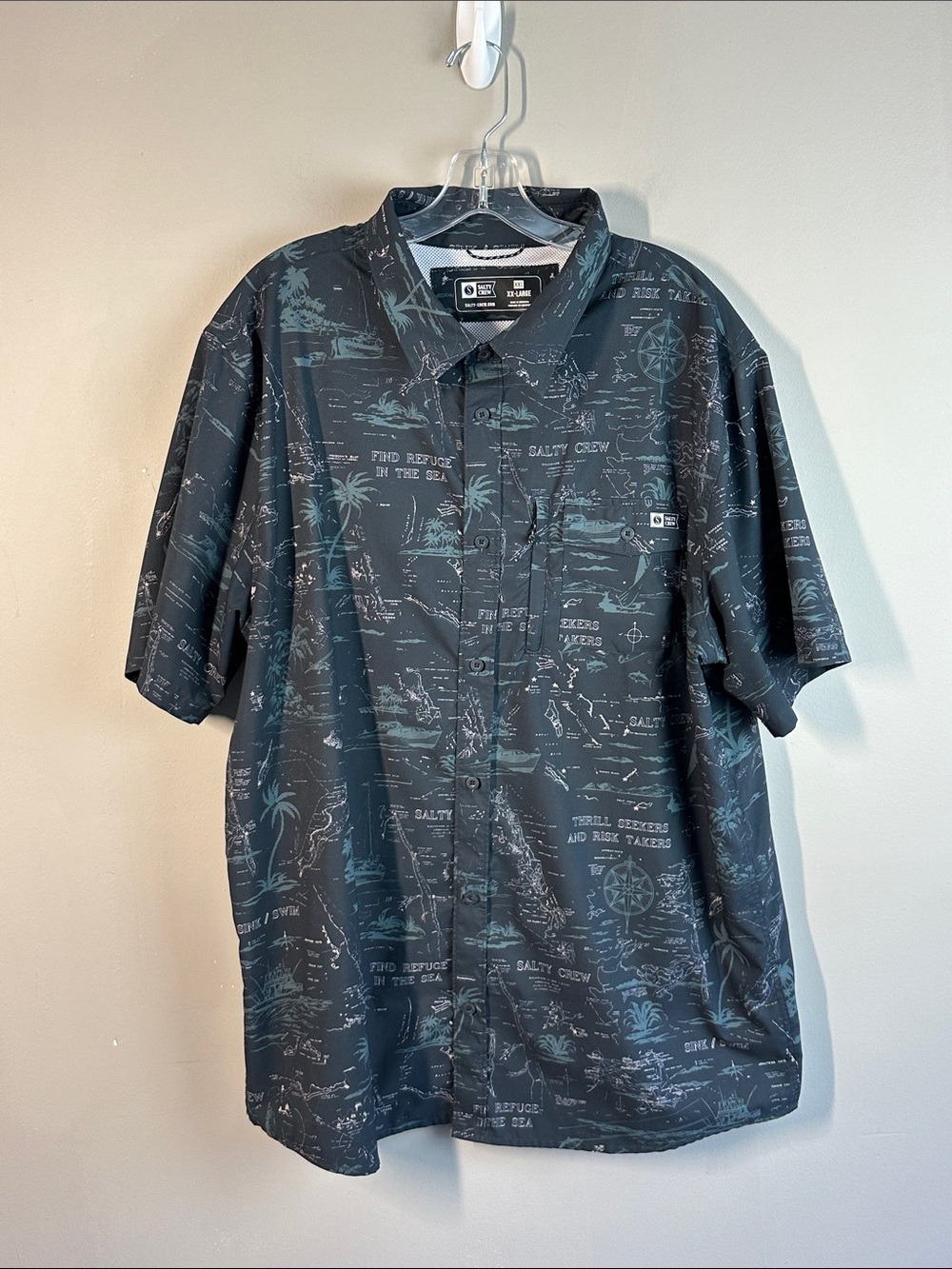 Salty Crew Seafarer Tech Woven Fishing Shirt Slate Blue Map Graphic Sixe XXL